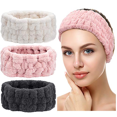 Chuangdi 3 Pcs Facial Makeup Headband, Pink, Milky-white, Dark Grey