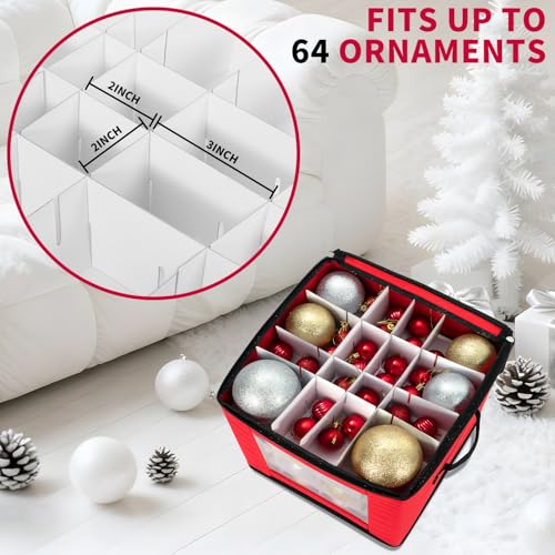 DIMESHY Christmas Ornament Storage Box for 64 Ornaments with Adjustable Dividers