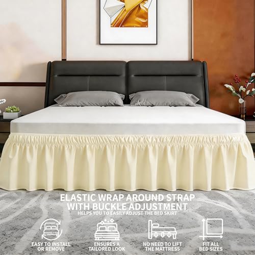 ANARACHON Queen Bed Skirt - Elastic Wrap Around Design, 14" Drop, Light Yellow
