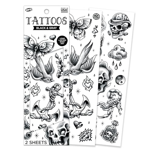 Savvi Temporary Tattoos - 20 Black & Gray Skin-Safe Designs (2 Sheets)