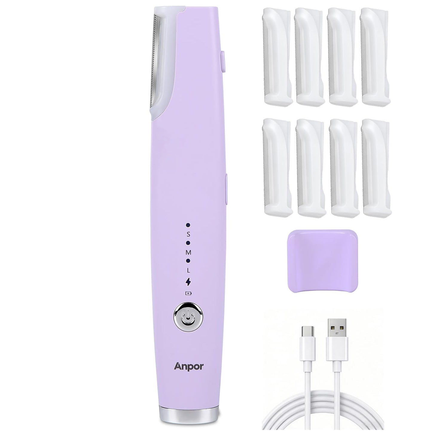 Anpor Rechargeable Sonic Dermaplane Razor for Women Face + Eyebrow trimmer Dermaplaning System with LED Light Peach Fuzz Remover, 3 Speeds - 8 Weeks of Dermaplaning Blades (Lavender)