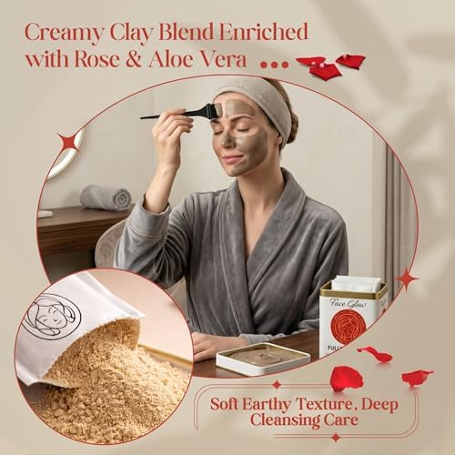 Pride Of India Fuller's Earth Powder with Rose & Aloe Vera - 12 Sachets, Reusable Applicator & Tray, Natural Face Mask for Radiant Skin