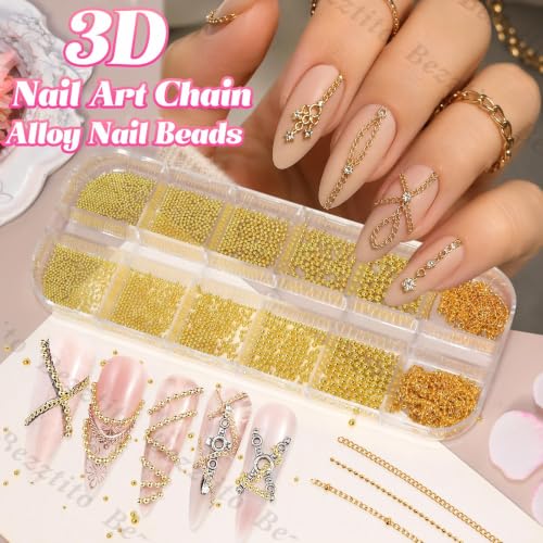 Gold Caviar Beads & Nail Chains Kit for Acrylic Nails - 0.8-2mm