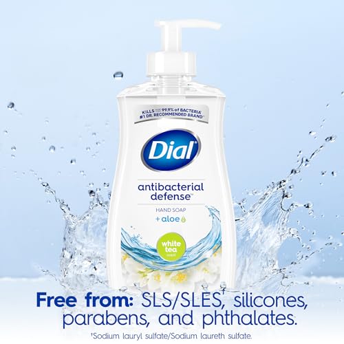 Dial Antibacterial Defense Liquid Hand Soap + Aloe, White Tea Scent, 11 Fl Oz (Pack of 4), Dermatologist-Tested Hand Wash, Gentle Formula