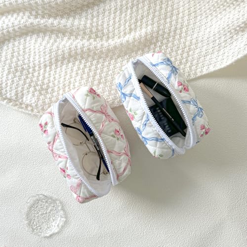 Blue Bow Small Floral Makeup Bag for Purse, Quilted Cosmetic Zipper Pouch