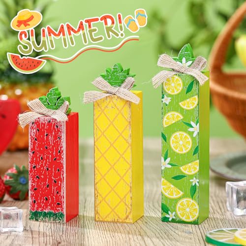 Summer Fruit Table Decor Set - 3 Rustic Wood Blocks for Kitchen