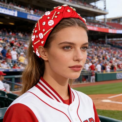 Baseball Knotted RED Women's Sport Headband with Charms - Game Day Accessory