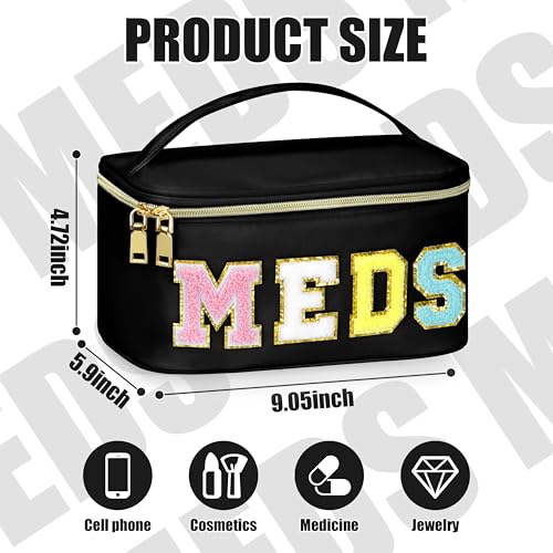 BuyCard Black Nylon Meds Cosmetic Pouch with Chenille 'MEDS' Letters Preppy Bag with Zipper & Handle