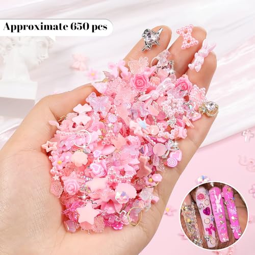 Pink 3D Resin Nail Charms & Gems Kit - Cute Flower, Butterfly, Bow, Heart Accents