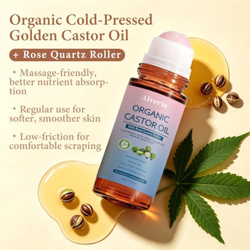 Organic Castor Oil with Rose Quartz Roller Ball – 1 oz, Pure & Cold Pressed