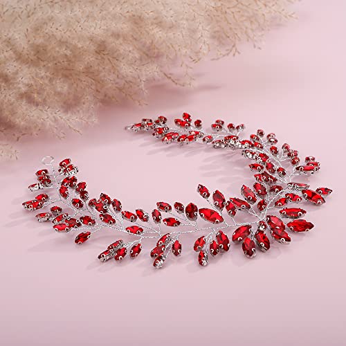 JWICOS Red Silver Bridal Headband Hair Vine for Weddings