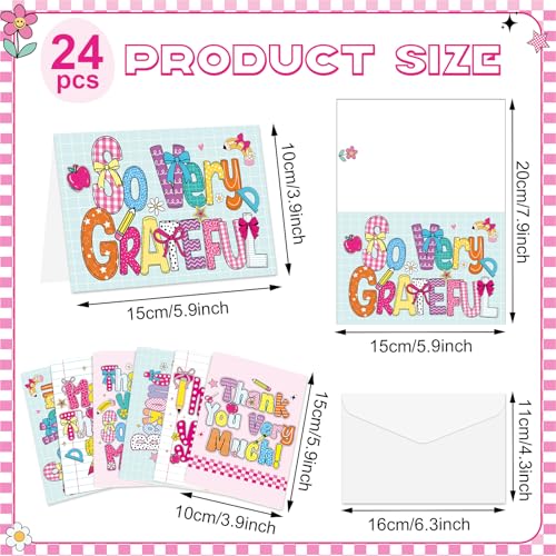 24 Pack Retro Teacher Thank You Cards with Envelopes - Cute Appreciation Notes