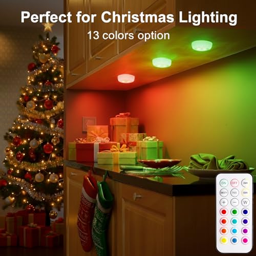 BLS LED Puck Lights with Remote Control - 13 Color Options, Battery Operated, 2 Pack