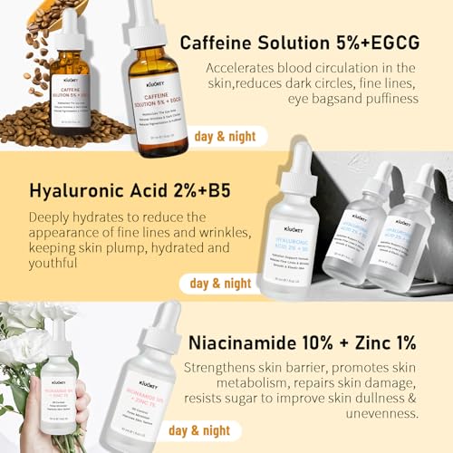 KIUORET 3-Piece Anti-Aging Face Serum Set: Caffeine, Niacinamide & Hyaluronic