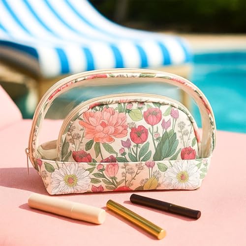 Large Capacity Waterproof Travel Makeup Bag Set of 2 with Floral Print for Women