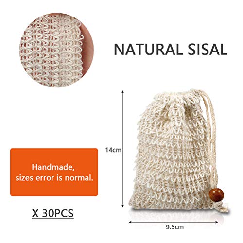 BUYGO 30 Pack Natural Sisal Soap Saver Bags with Drawstring for Exfoliating Bath & Shower