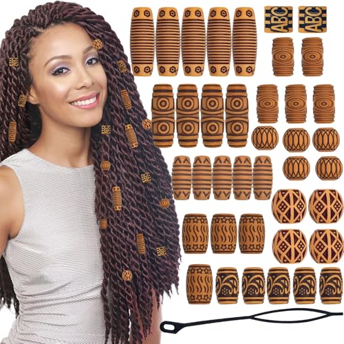 50PCS Wooden Hair Beads for Braids & Locs - Dreadlock Accessories & DIY Hair Cuffs