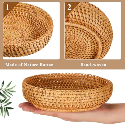 Hushee Small Round Woven Basket for Entryway Table - 7 Inch Rattan Key Bowl