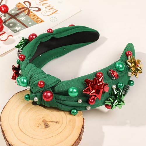 Krfapt Jeweled Plaid Headband Green - Knotted Crystal & Pearl Hair Accessory