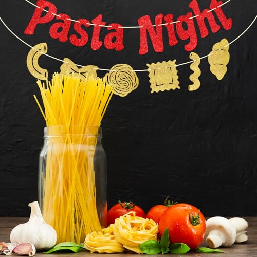 Pasta Night Banner | Italian Party Decorations in Red & Gold Glitter