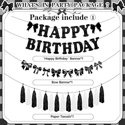 Black Bow Birthday Party Decorations Set - 35pcs Kit with Banner, Balloons, Cake Topper & Accessories