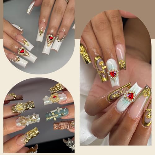 SilkRoselw 80pcs Gold Cross and Red Heart Nail Charms Set for Acrylic Nail Art