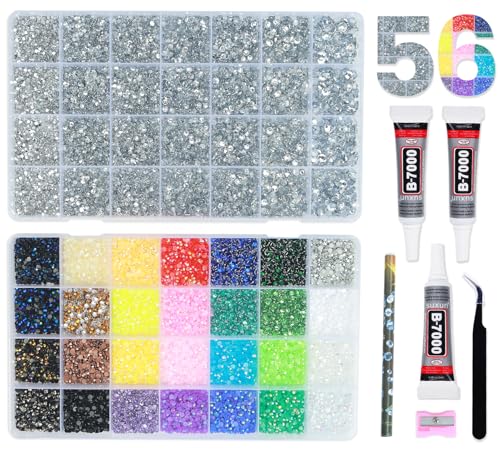 BAOYAALIN 2 Boxes Rhinestones Kit with 3Pcs 10ml B7000 Glue, Multicolor 28 Colors + Silver Clear 2–6mm