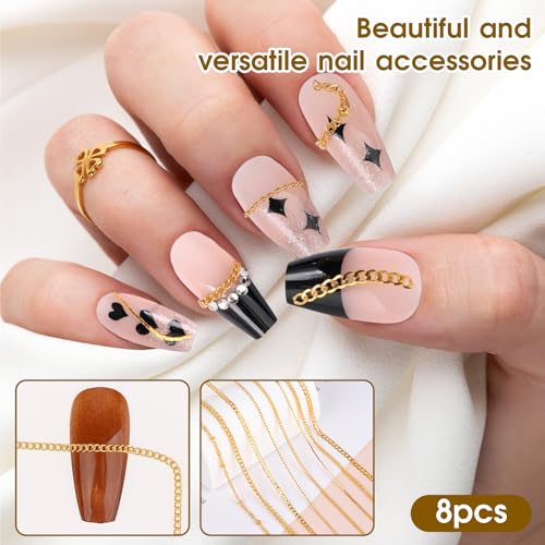 Gold Nail Art Chains - 8 Strips 3D Metal Charms for DIY Manicure