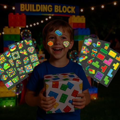 96PCS Building Block Temporary Tattoos for Kids, Glow-in-Dark Party Favors