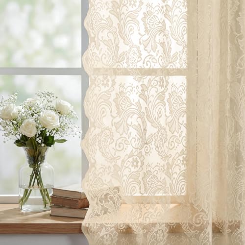 Beige Lace Curtains Set of 2 | 55x84in Floral Victorian Design