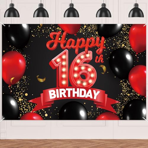 16th Birthday Red and Black Banner Backdrop - Girls Party Decor