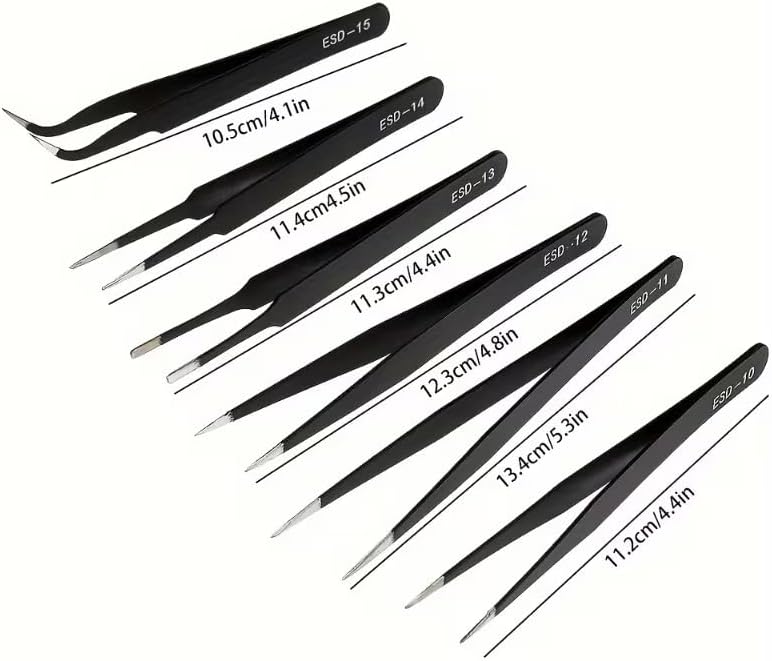 Precision Tweezers Set - 6-Piece Heavy-Duty Fine-Point Tweezers for Electronics Repair & Crafting | Pointed & Curved Tips