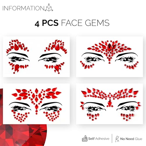 FACEGEM London Red Self-Adhesive Face Gems - 4 Pack for Festival & Party