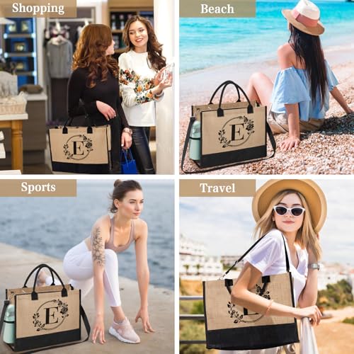 Monogrammed Initial Jute Tote Bag E - Personalized Beach Bag for Women