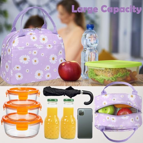 Kimwadalh Insulated Lunch Bag - Purple Daisy Tote for Work & Travel