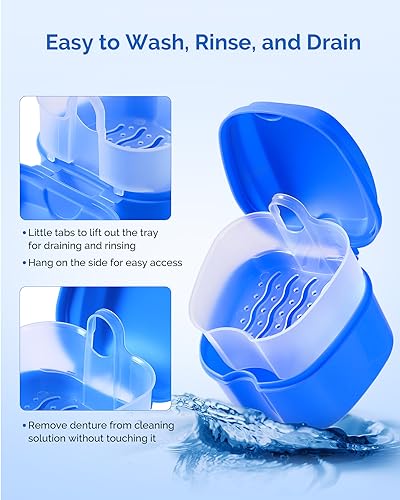 JMU Denture Bath Case Set with Strainer | Navy & Teal Blue