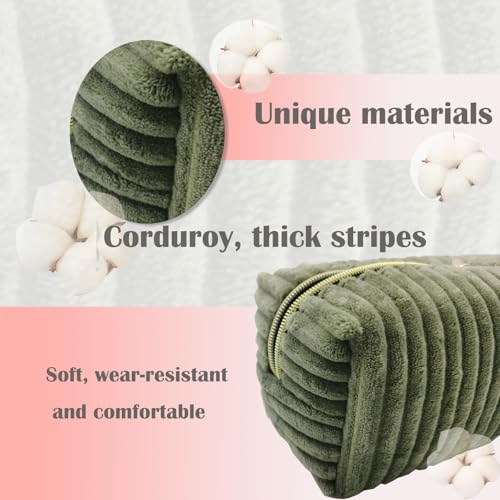 Green Corduroy Makeup Bag for Women Travel Toiletry Organizer - Kornnapa