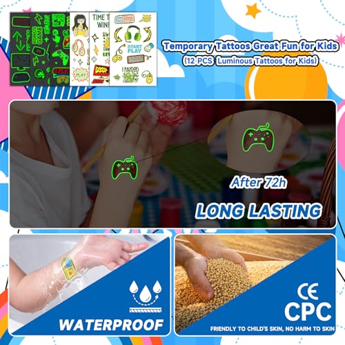 EMOME 140 Styles Luminous Temporary Tattoos for Kids – Video Game Party Favors (12 sheets)