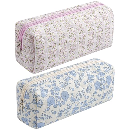 Two Pack Floral Cotton Makeup Bags for Women - Pink & Blue Travel Cosmetic Organizer