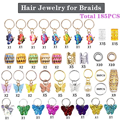 NAISKA 185Pcs Gold Butterfly Hair Clips & Dreadlock Charms for Braids & Locs