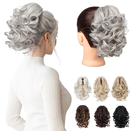 REECHO 9" Silver Grey Short Ponytail Extension - Loose Curly Claw Clip Hairpiece