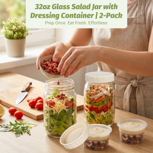 32oz Wide-Mouth Glass Salad Jars 2-Pack with Dressing Containers