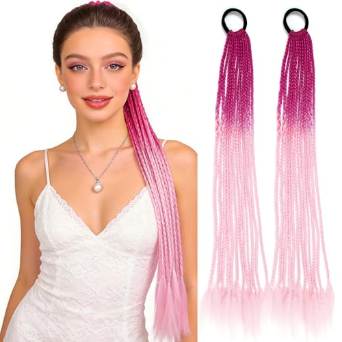 CISINPO 24-Inch 2-Pack Braided Ponytail Hair Extensions - Rose Red & Light Pink