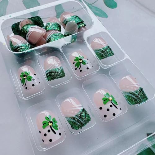French St. Patrick's Short Press-On Nails with Shamrock & Glitter - Green Lucky Clover Nail Art