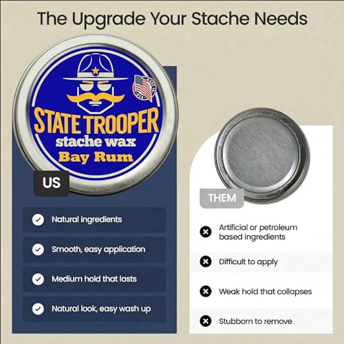 State Trooper Bay Rum Mustache Wax - Medium Hold Natural Styling, 2 oz
