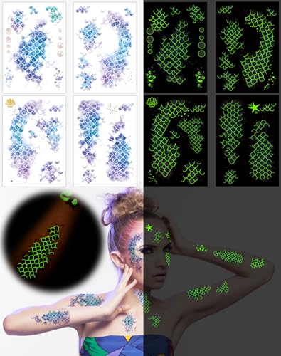 Ulmisfee Halloween 16 Sheets Luminous Mermaid Scale Temporary Tattoos – Glow in the Dark Mermaid Party Favors (Medium)