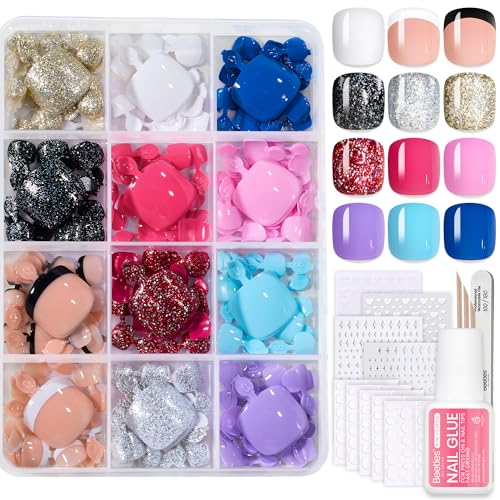 Beetles Glitter Rush Press On Toe Nails Kit - 288 Pcs Short Squoval Fake Nails with Glitter, 12 Colors, Nail Glue & Accessories