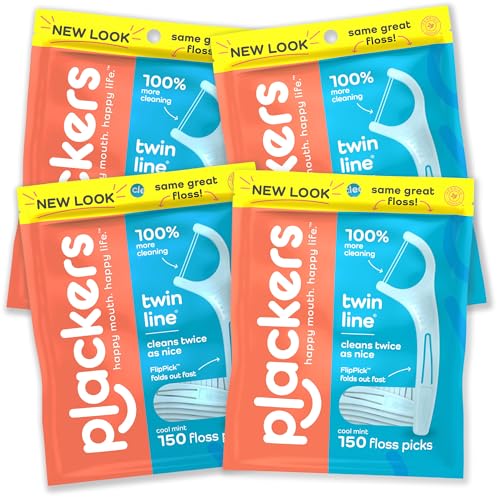 Plackers Twin Line Dental Floss Picks, 150 Count (Pack of 4) - Cool Mint