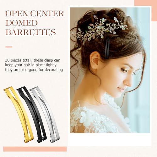 Open Center Hair Barrettes 30pcs - Black, Silver, Gold - 2.36 x 0.39 Inch, Secure & Stylish