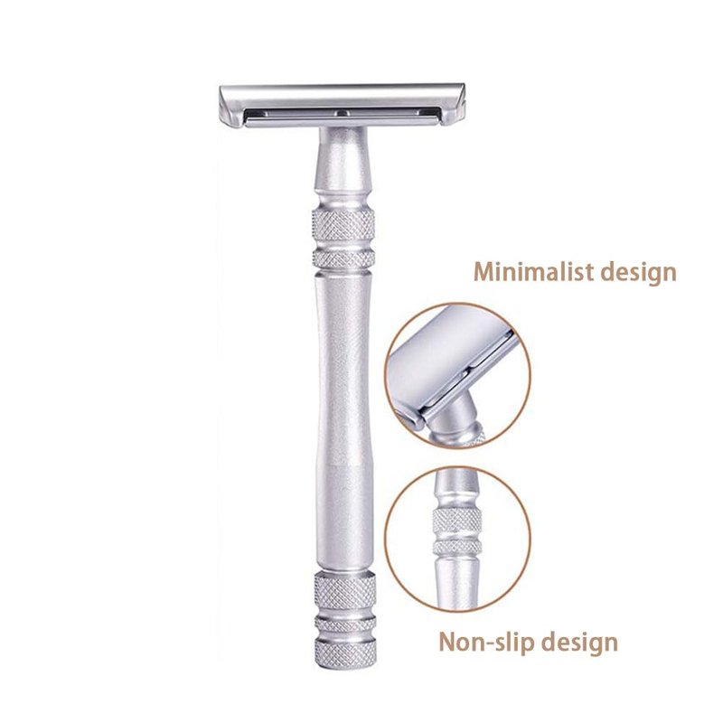 Men's and Women's Manual Razor Safety Razor with 10 Double Edge Blades, Double Edge Razor, Eco-Friendly, Smooth Close Shave, Plastic-Free, Easy to Carry for Traveling at Home (Silver)